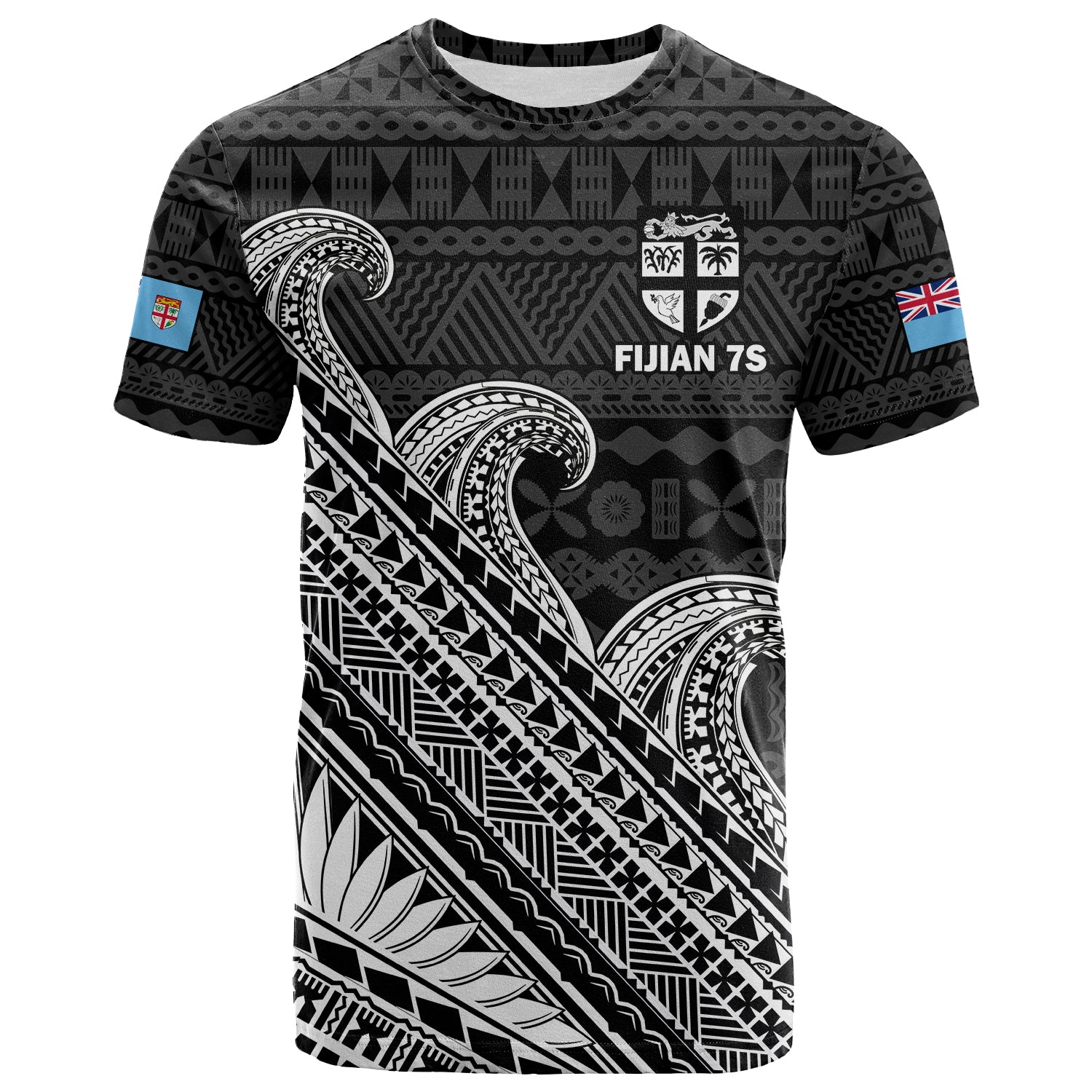 (Custom Text and Number) Fiji Sevens Rugby Fijian 7s Black Tapa Polynesian Art T Shirt LT14 Black - Polynesian Pride