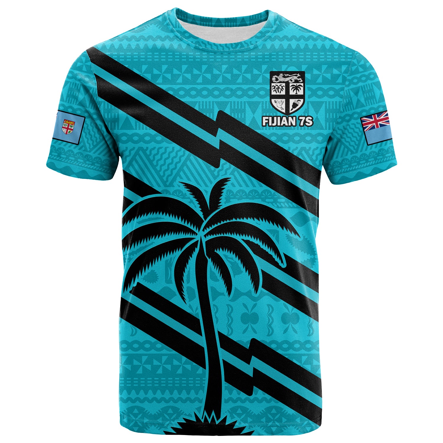 (Custom Text and Number) Fiji Rugby Tapa Pattern Fijian 7s Cyan T Shirt LT14 Cyan - Polynesian Pride
