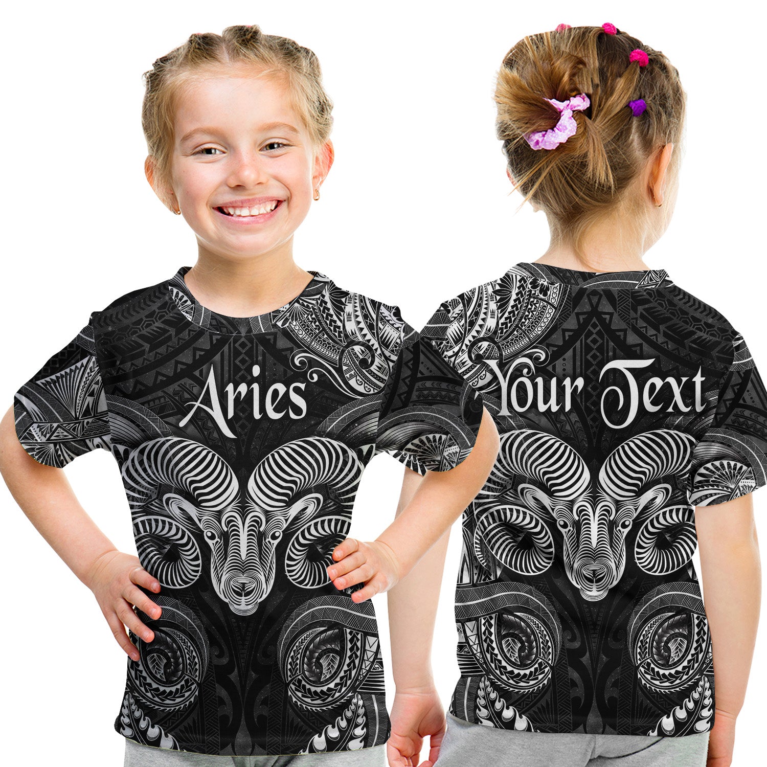 (Custom Personalised) Aries Zodiac Polynesian T Shirt Kid Unique Style - Black LT8 Youth XL Size14 - Polynesian Pride