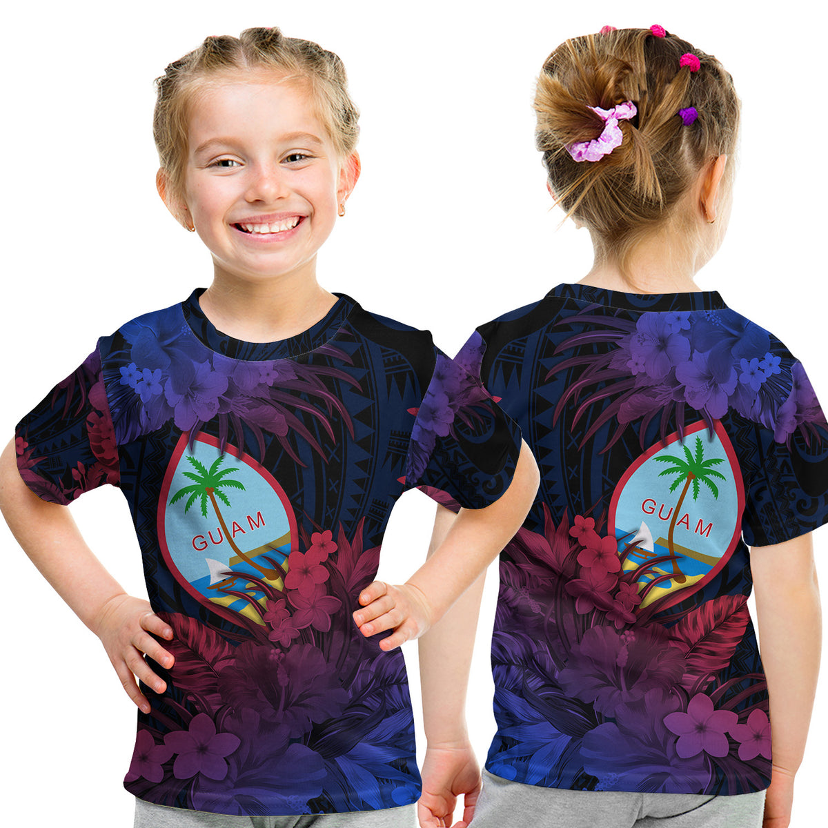 Guam Polynesian T Shirt KID Tropical Flowers - Gradient Vibes LT8 - Polynesian Pride