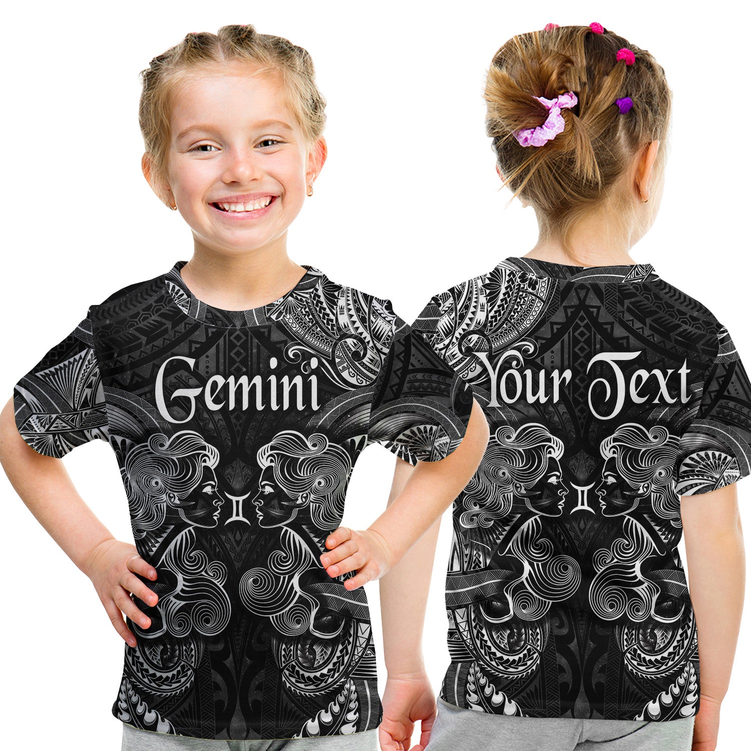 (Custom Personalised) Gemini Zodiac Polynesian T Shirt Kid Unique Style - Black LT8 Youth XL Size14 - Polynesian Pride