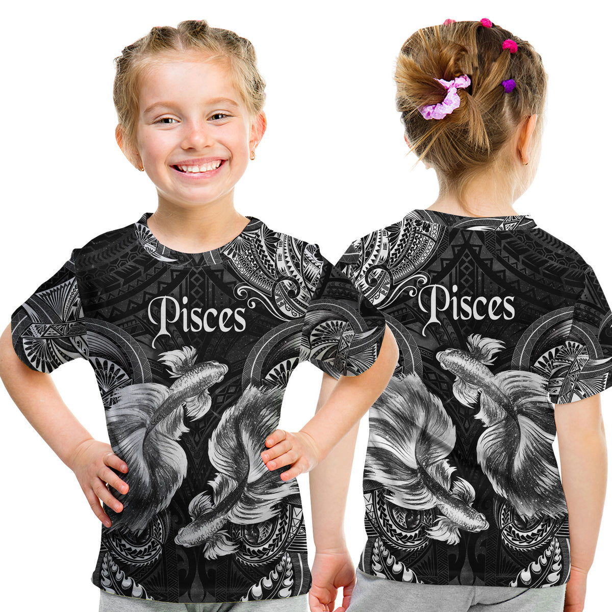 Pisces Zodiac Polynesian T Shirt Kid Unique Style - Black LT8 - Polynesian Pride