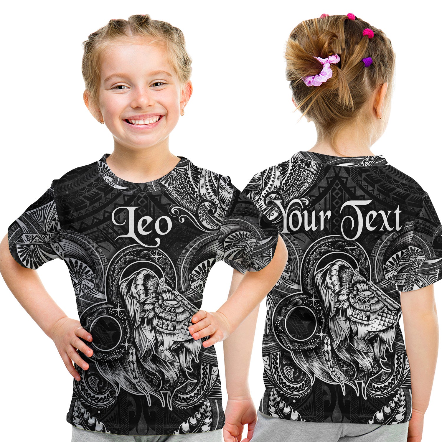 (Custom Personalised) Leo Zodiac Polynesian T Shirt Kid Unique Style - Black LT8 Youth XL Size14 - Polynesian Pride