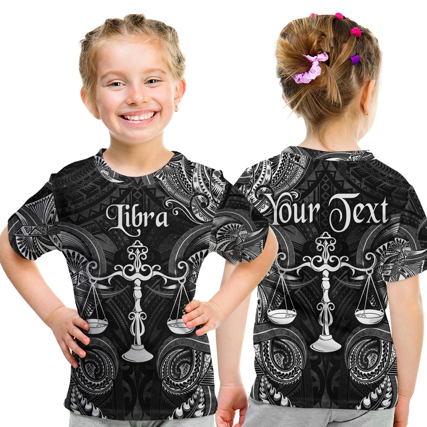 (Custom Personalised) Libra Zodiac Polynesian T Shirt Kid Unique Style - Black LT8 Youth XL Size14 - Polynesian Pride