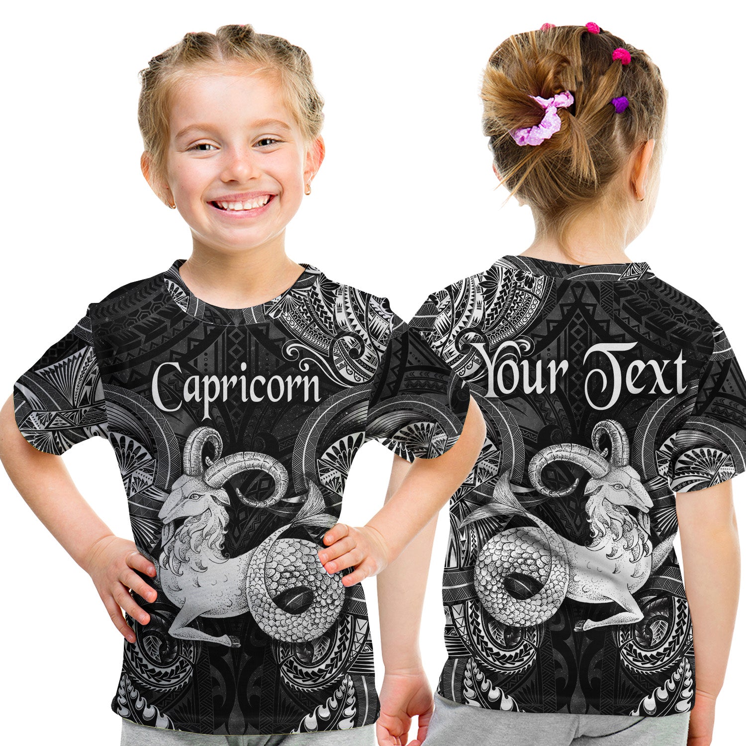 (Custom Personalised) Capricorn Zodiac Polynesian T Shirt Kid Unique Style - Black LT8 Youth XL Size14 - Polynesian Pride