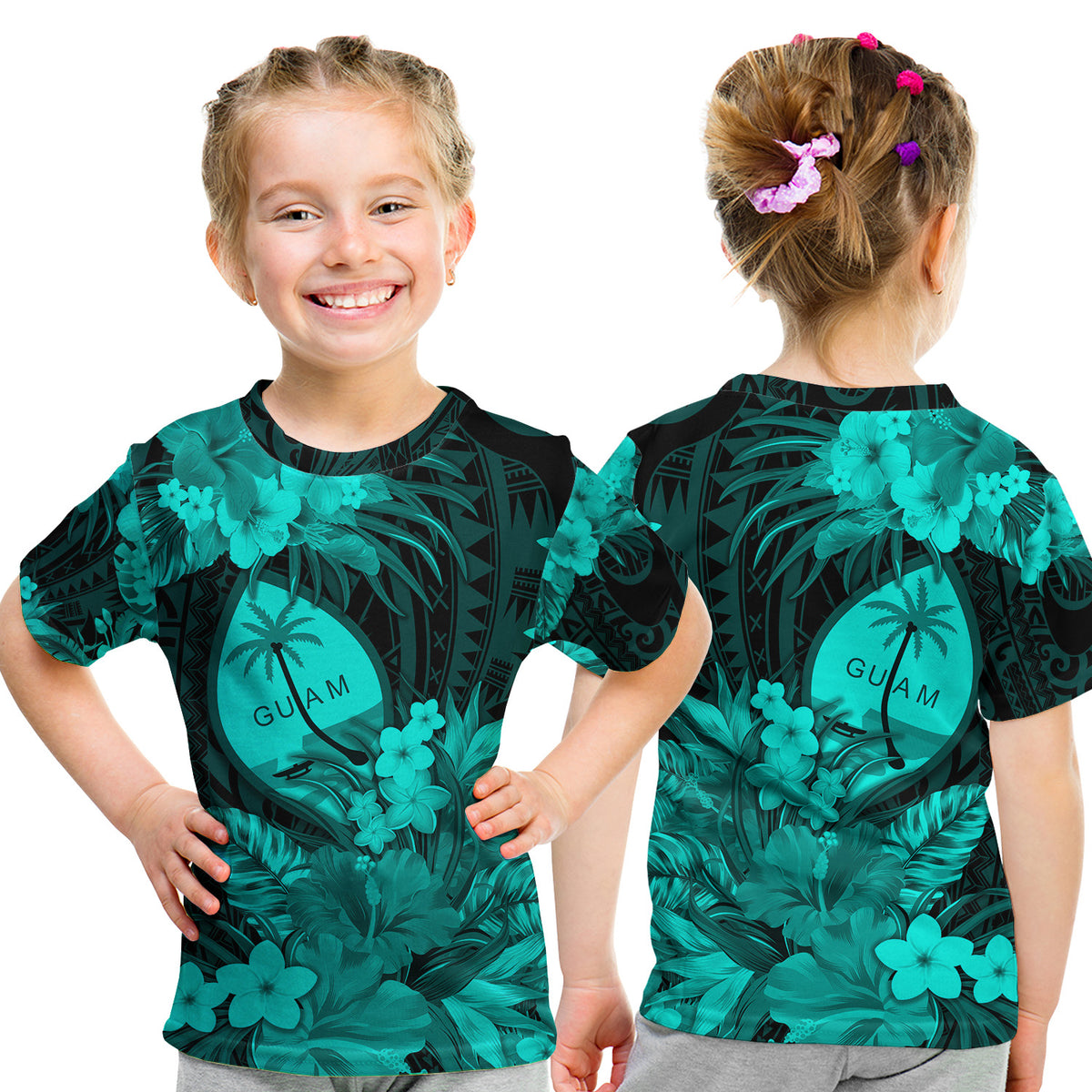 Guam Polynesian T Shirt KID Tropical Flowers - Turquoise LT8 - Polynesian Pride