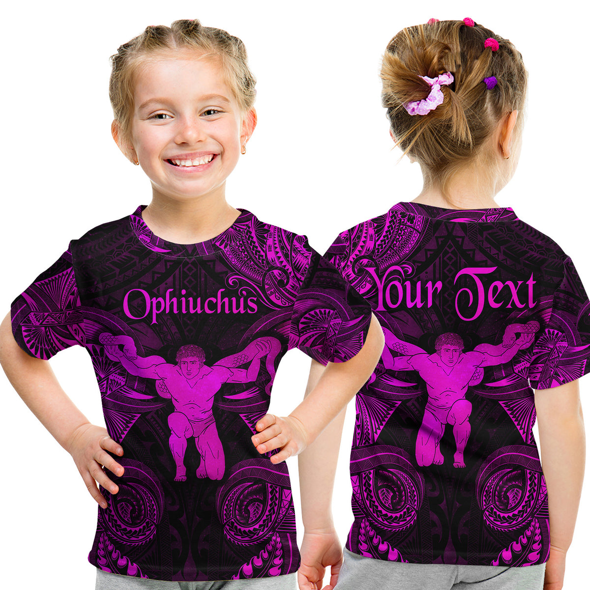 (Custom Personalised) Ophiuchus Zodiac Polynesian T Shirt Kid Unique Style - Pink LT8 - Polynesian Pride