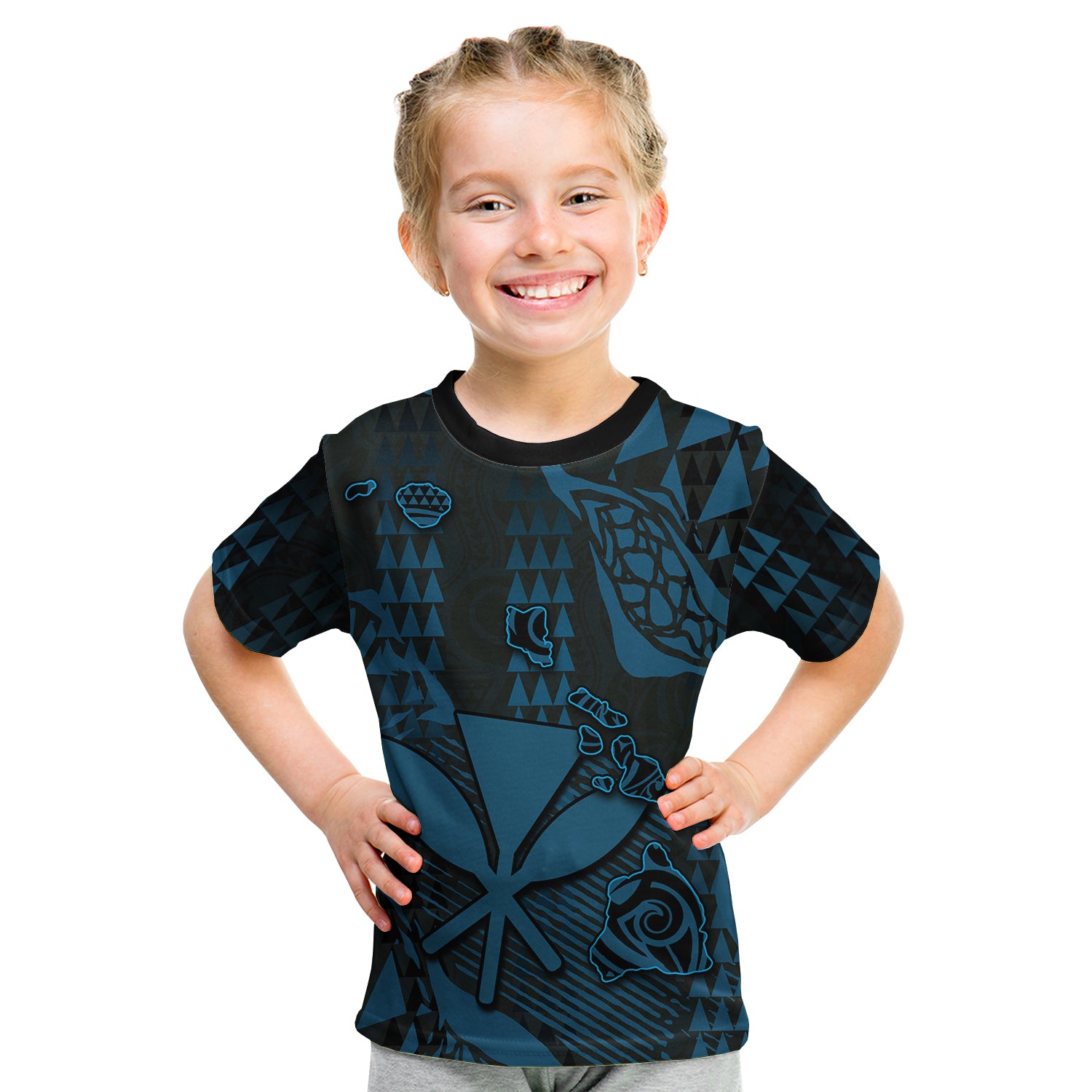 (Custom Personalised) Hawaii Kanaka Map T Shirt Kid Blue Style LT6 - Polynesian Pride