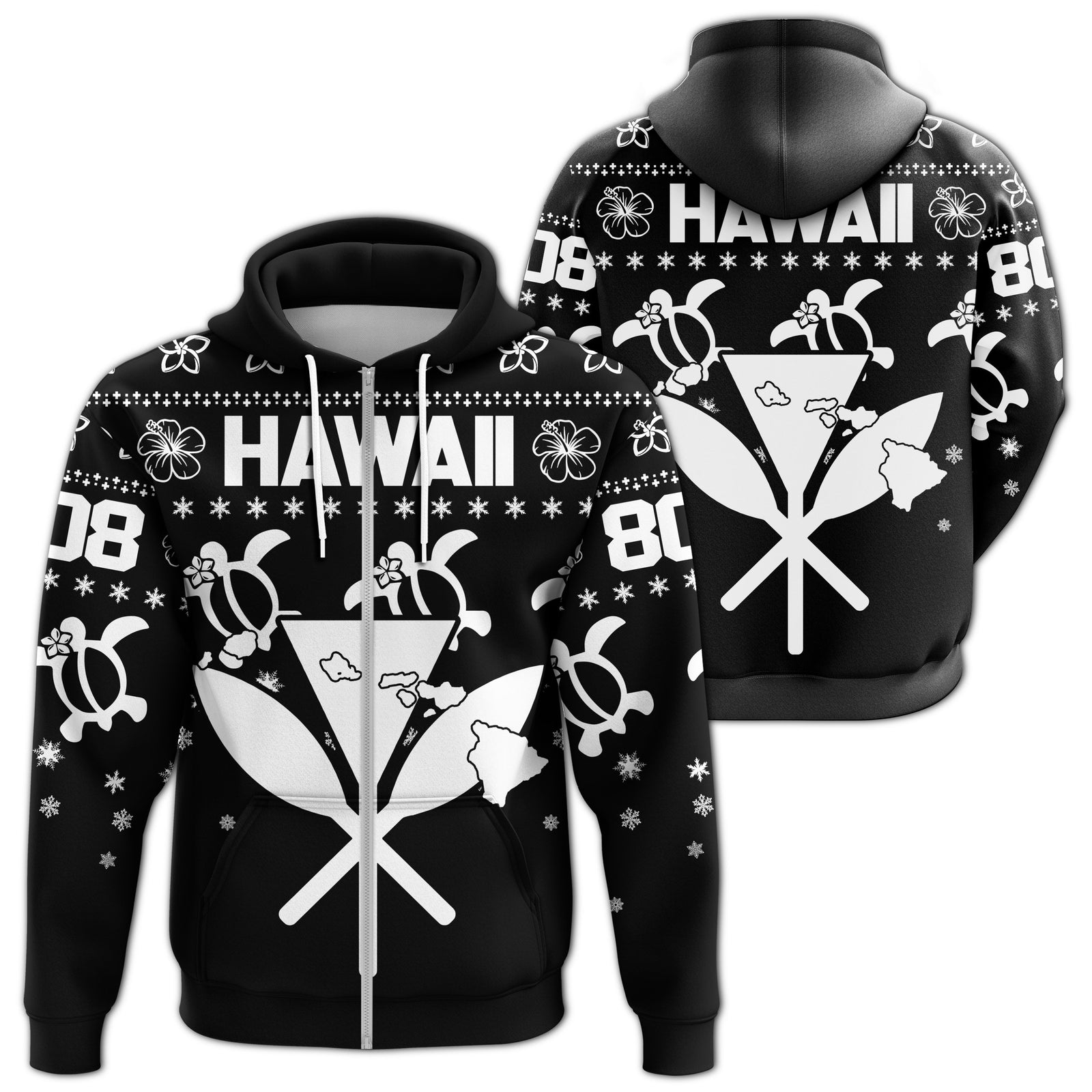 Kanaka Turtle Christmas Pattern Zipper Hoodie Helen Style White Unisex White - Polynesian Pride
