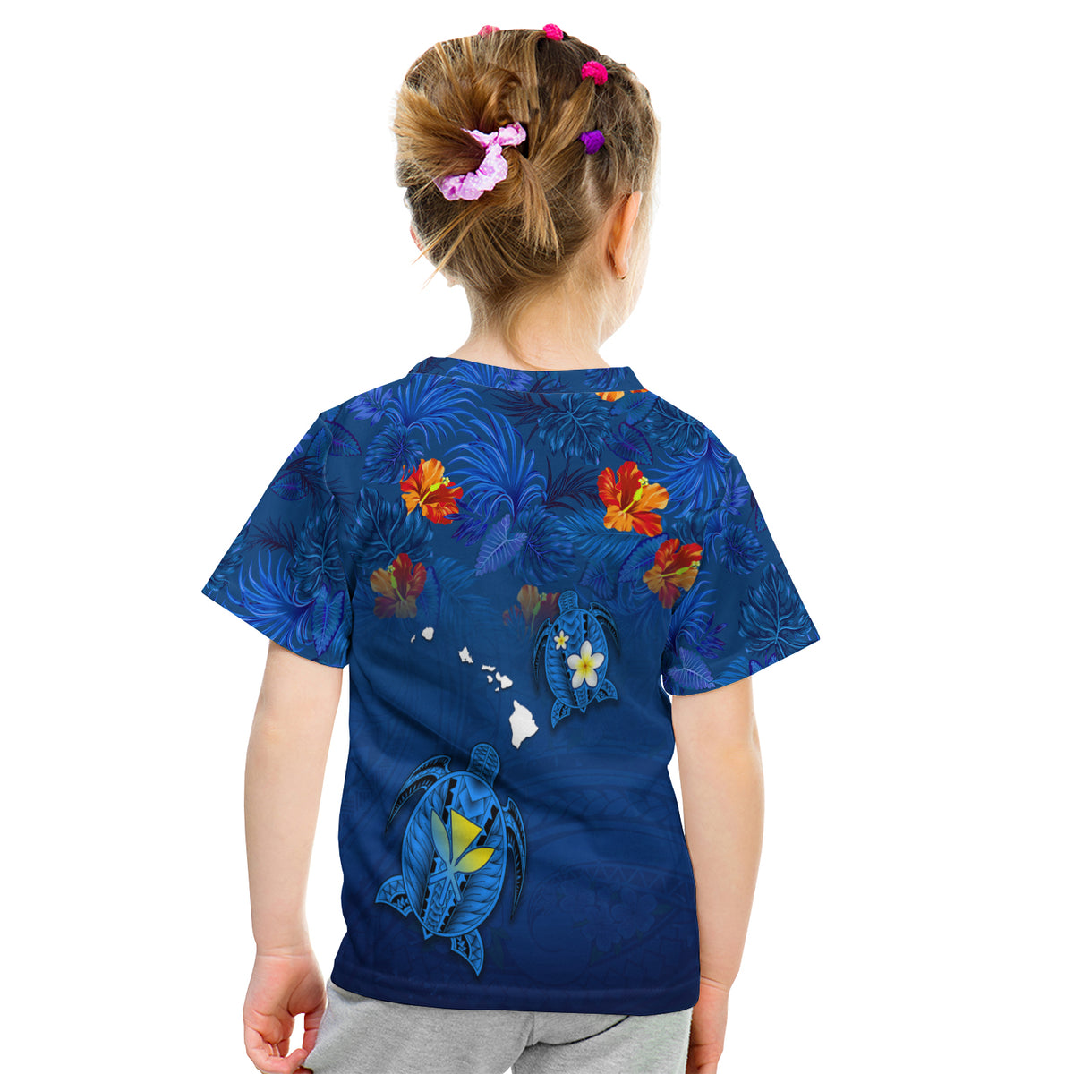 (Custom Personalised) Hawaiian Islands T Shirt Kid - Hawaii Tropical Flowers And Turtles Blue LT13 - Polynesian Pride
