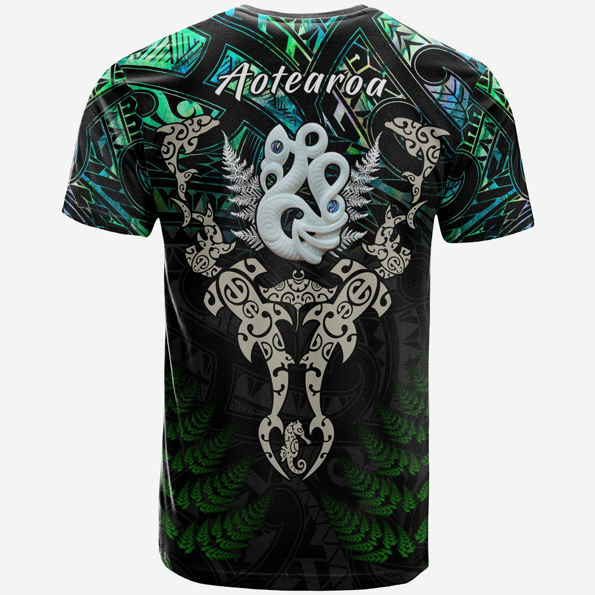 Aotearoa Paua Shell T Shirt Maori Manaia and Fish LT13 - Polynesian Pride