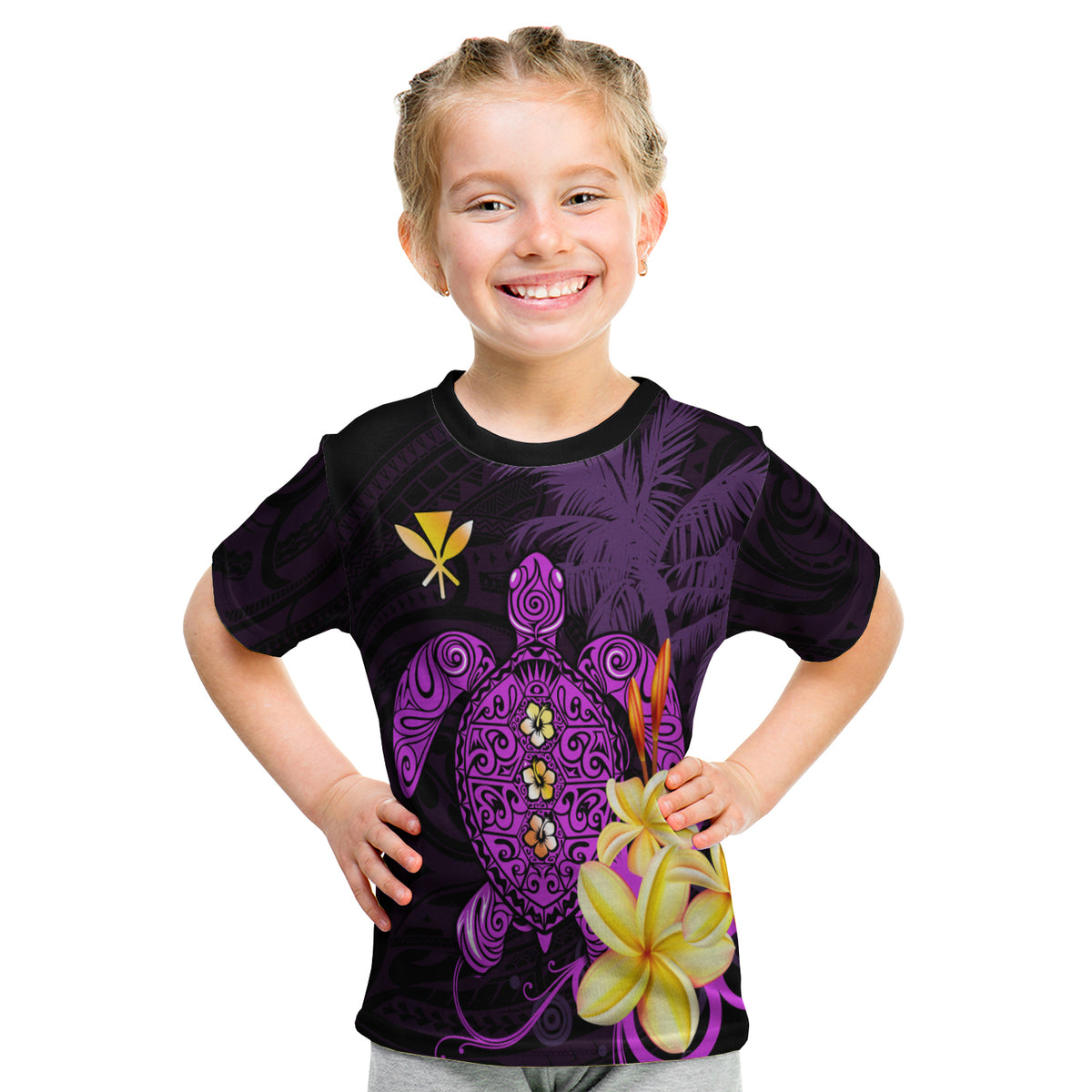 Hawaii Turtle T Shirt Kid Hawaiian Flowers Version Purple Elegant LT13 - Polynesian Pride