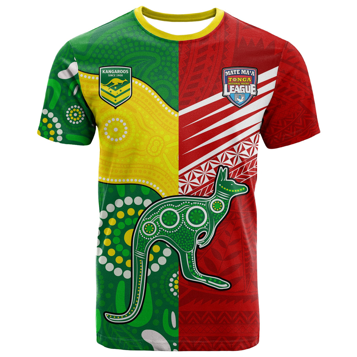 Australia Kangaroos and Mate Maa Tonga T Shirt No2 LT9 Green - Polynesian Pride