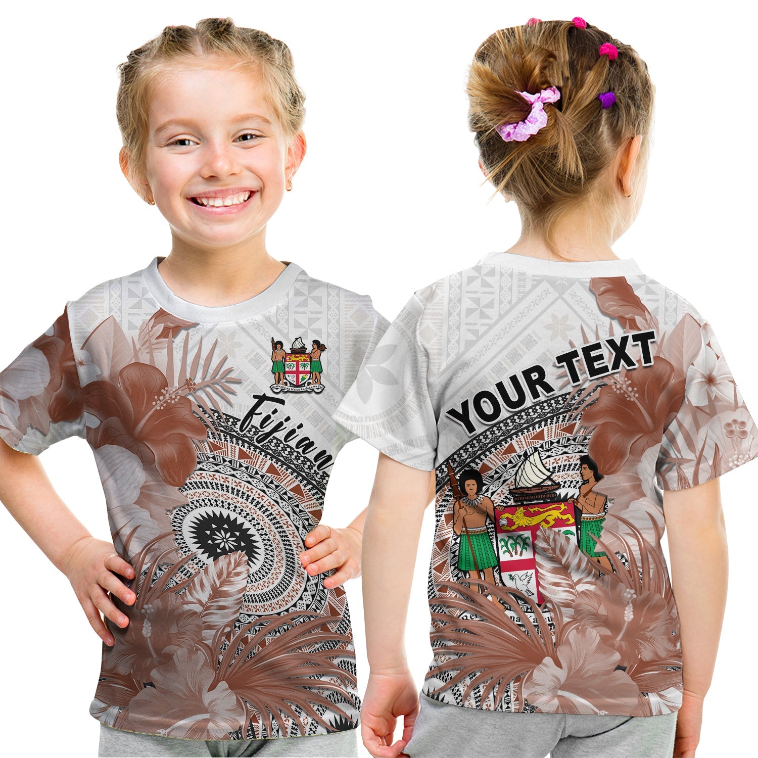 (Custom Personalised) Fiji Tapa T Shirt KID White Fijian Masi Be Loved Hibiscus LT13 Youth XL Size14 - Polynesian Pride