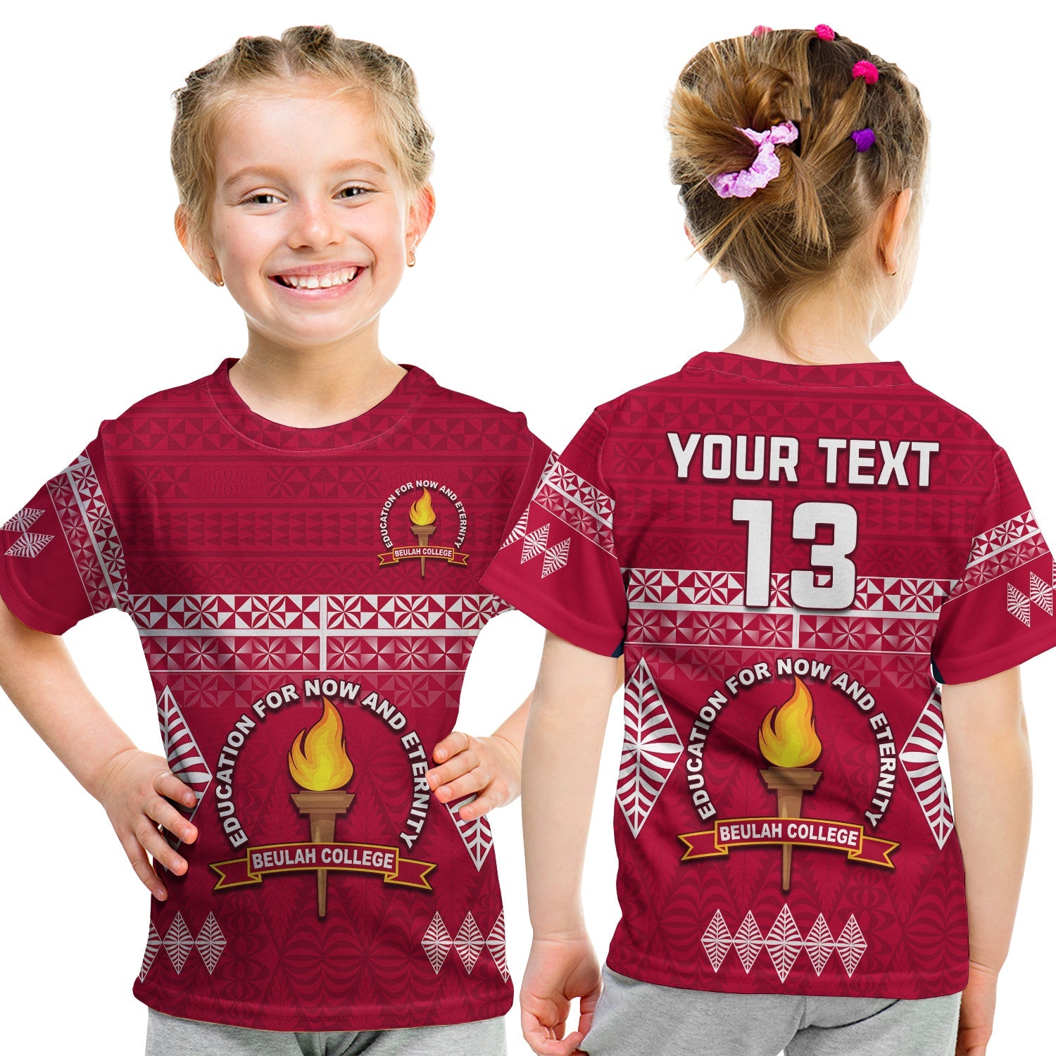 (Custom Text and Number) Beulah College T Shirt KID Ngatu Pattern Tonga LT13 Youth XL Size14 - Polynesian Pride