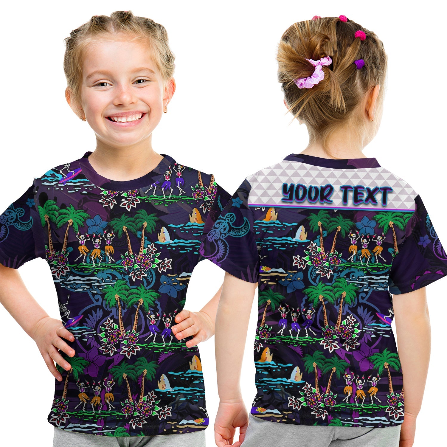 (Custom Personalised) Hawaii Skeleton Dancing T Shirt KID Halloween Hawaiian Turtle LT13 Youth XL Size14 - Polynesian Pride