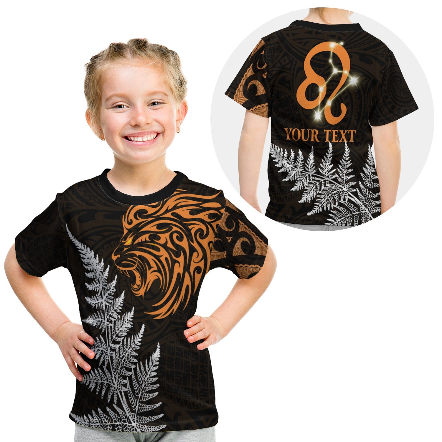 (Custom Personalised) Leo Zodiac Style Maori T Shirt Kid Orange Lion LT13 - Polynesian Pride
