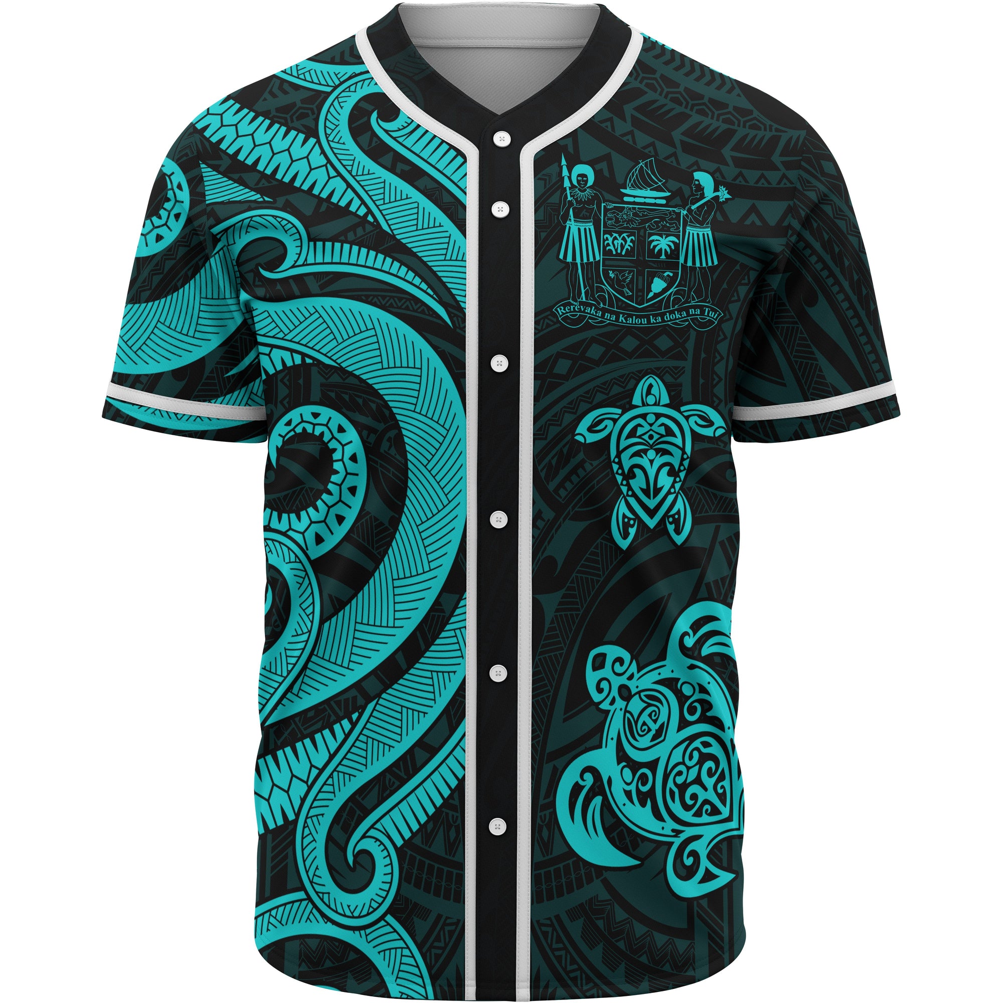 Fiji Baseball Shirt - Turquoise Tentacle Turtle Crest Unisex Turquoise - Polynesian Pride