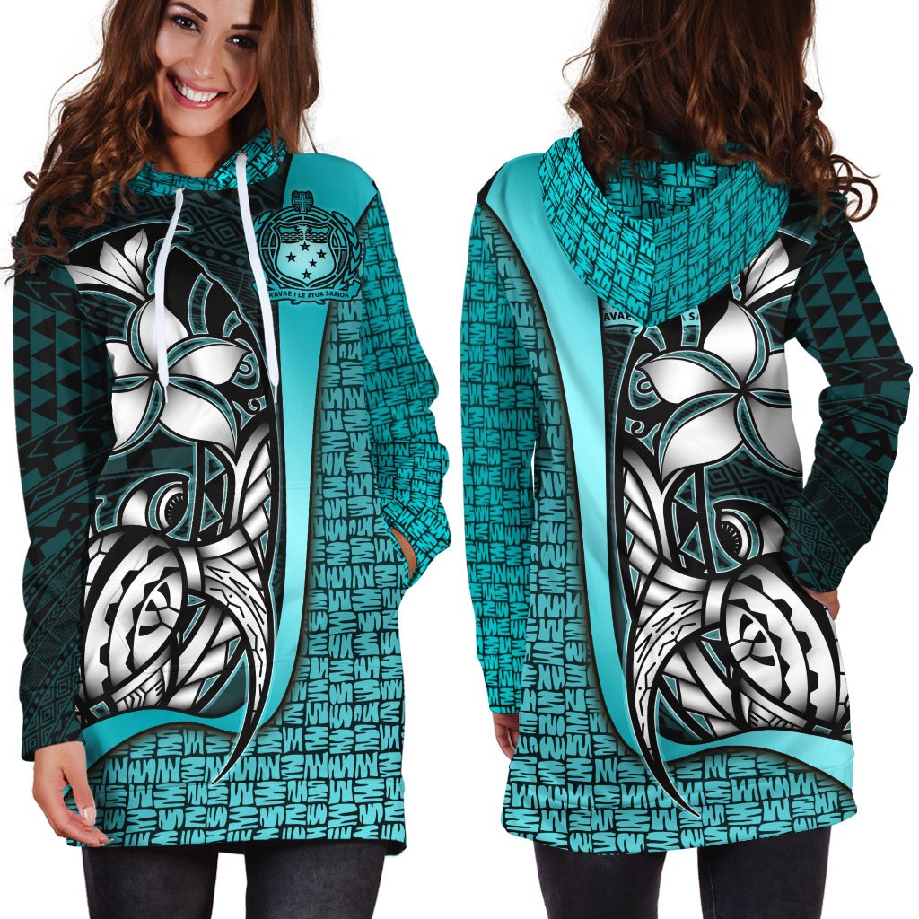 Samoa Polynesian Women's Hoodie Dress Turquoise - Turtle With Hook - Polynesian Pride