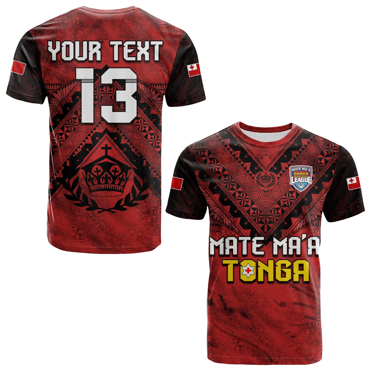 (Custom Text and Number) Tonga Rugby MMT T Shirt Ngatu Mate Maa Tonga Grunge LT13 Red - Polynesian Pride