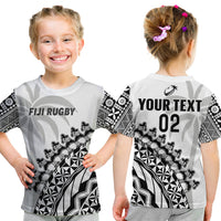 (Custom Text And Number) Fiji Rugby T Shirt KID Fijian Cibi Dance Tapa Pattern White LT14 - Polynesian Pride