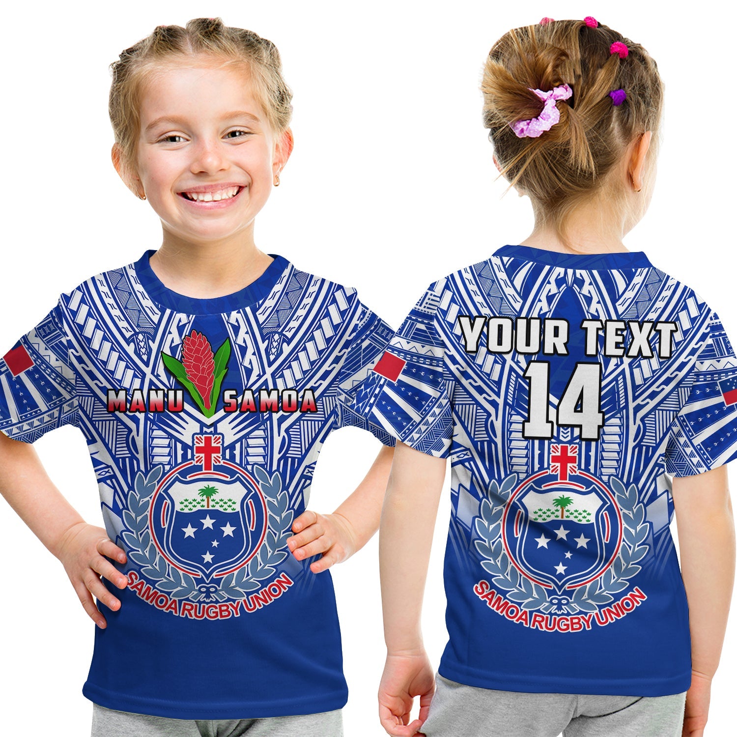 (Custom Text And Number) Samoa Rugby T Shirt KID Manu Samoa 7s Ginger Blue Polynesian LT14 Youth XL Size14 - Polynesian Pride