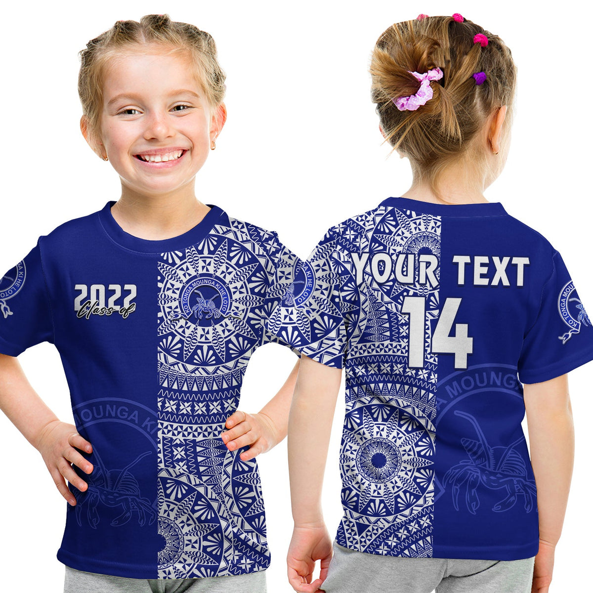 (Custom Text and Number) Queen Salote Tonga College T Shirt Class of Year Tongan Ngatu Pattern LT14 Kid Blue - Polynesian Pride