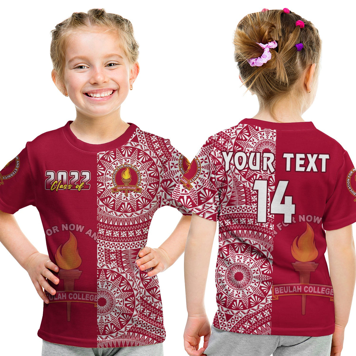 (Custom Text and Number) Beulah Tonga College T Shirt Class of Year Tongan Ngatu Pattern LT14 Kid Maroon - Polynesian Pride