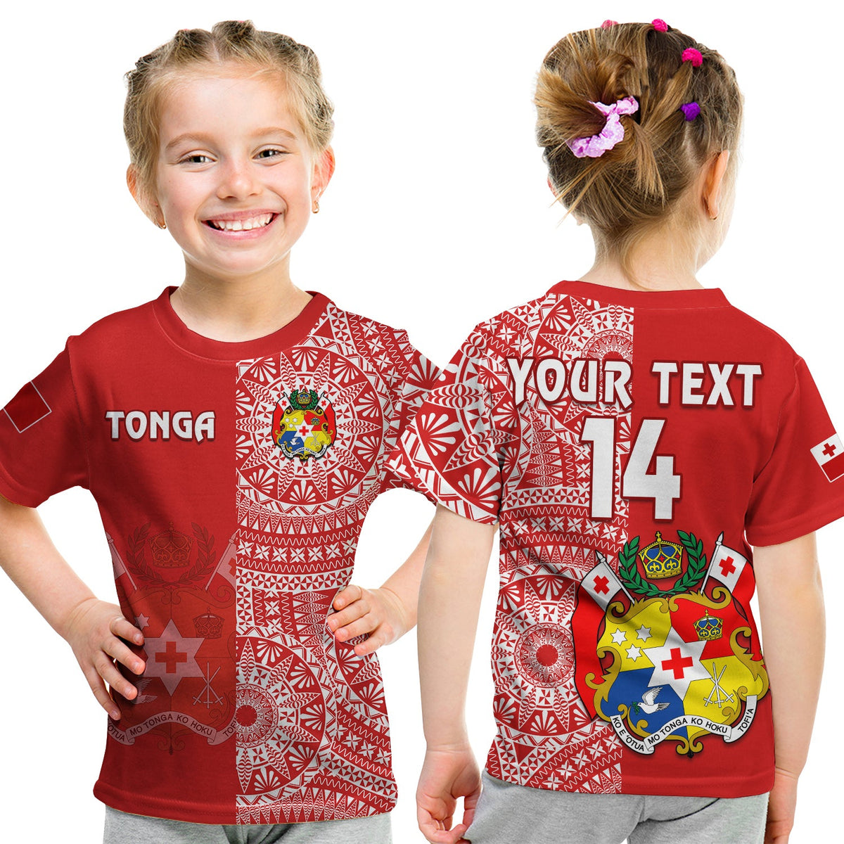 (Custom Text and Number) Tonga T Shirt Tongan Coat of Arms Ngatu Pattern LT14 Kid Red - Polynesian Pride