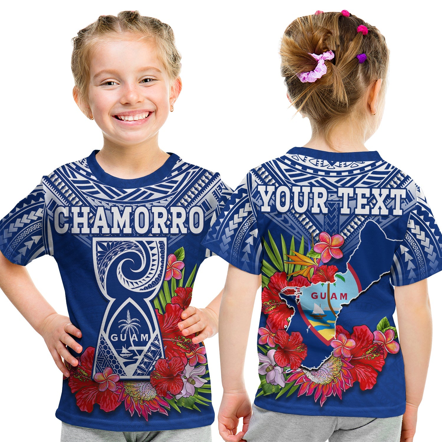 (Custom Personalised) Guam Chamorro T Shirt KID Guaman Latte Stone Tropical Flowers Blue Version LT14 - Polynesian Pride