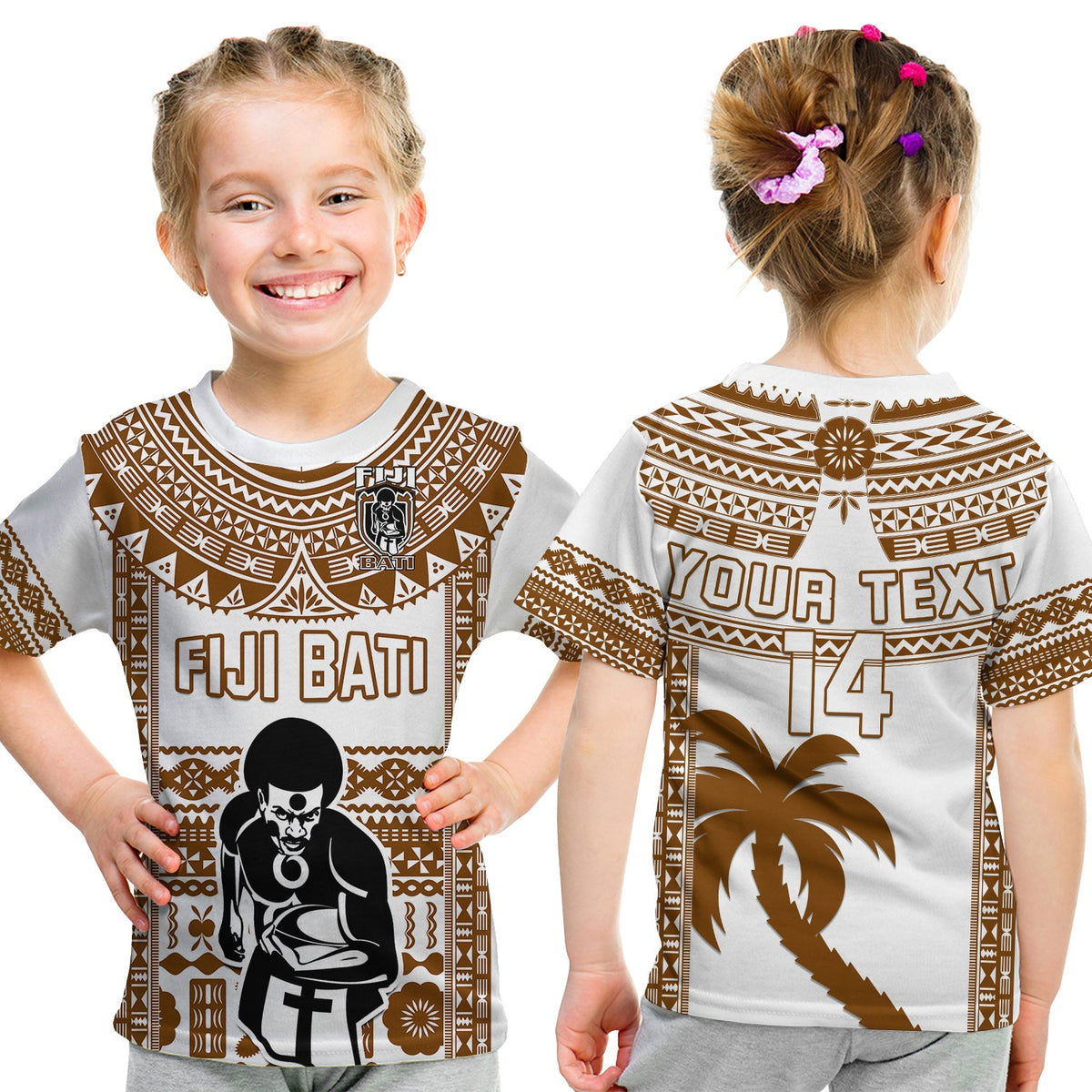 Custom Text And Number Fiji Rugby T Shirt KID Pacific The Bati Brown Fijian Tapa LT14 - Polynesian Pride