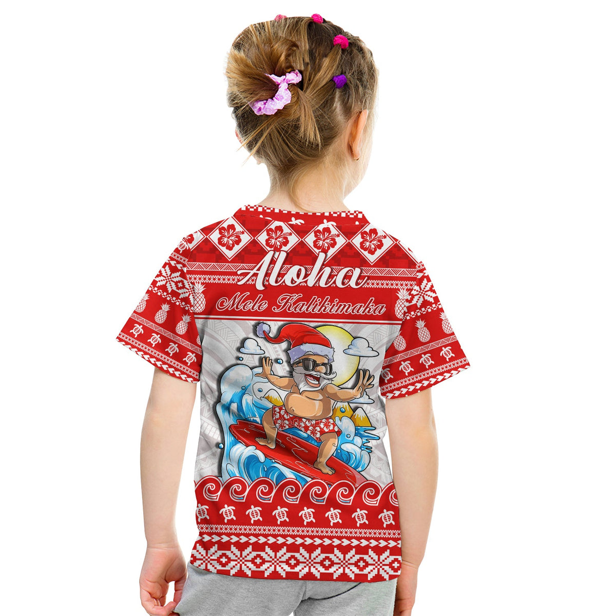 Custom Personalised Hawaii Christmas T Shirt KID Surfing Santa Mele Kalikimaka Polynesian LT14 - Polynesian Pride