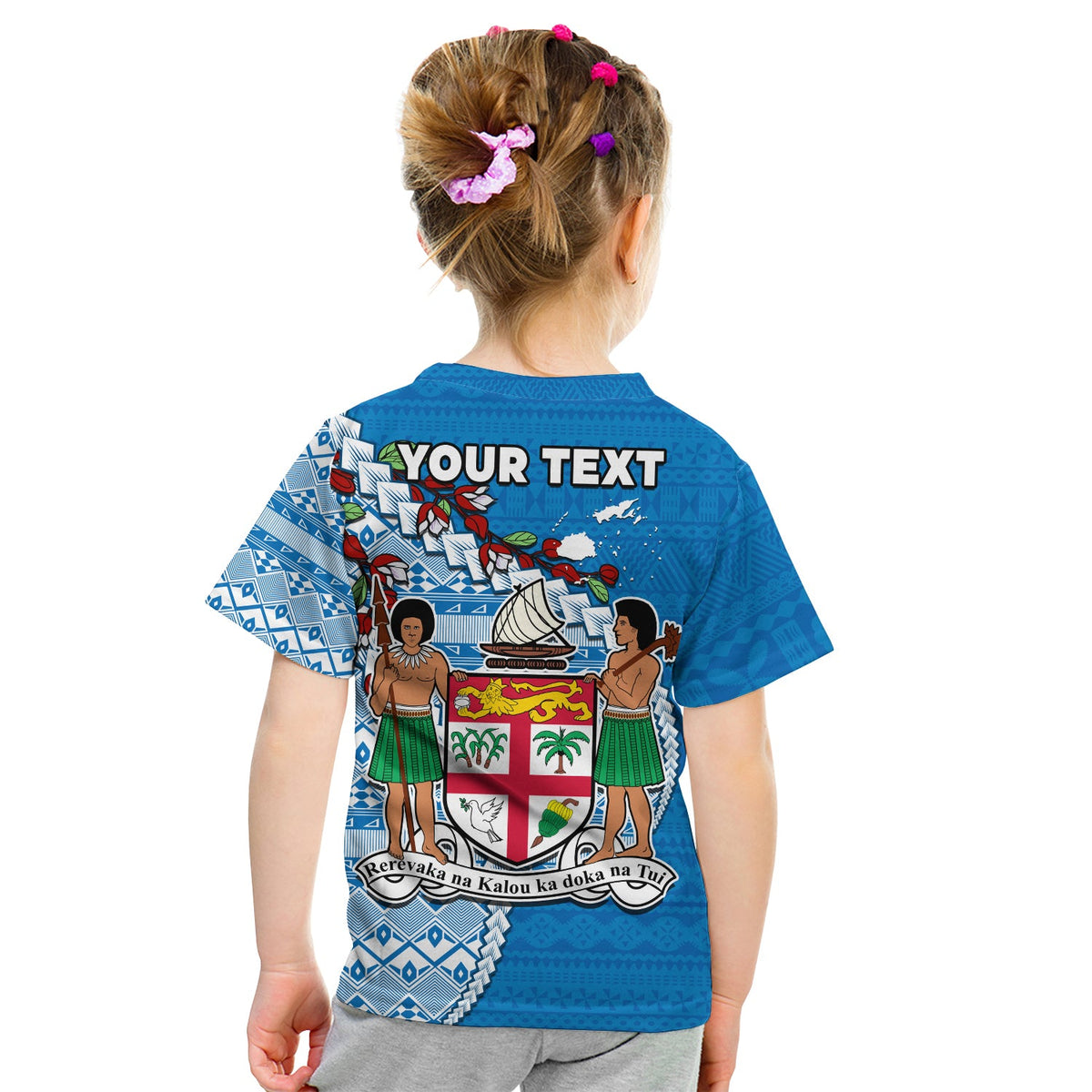 (Custom Personalised) Fiji T Shirt KID Fijian Drua Mix Tagimaucia Flower Blue Style LT14 - Polynesian Pride