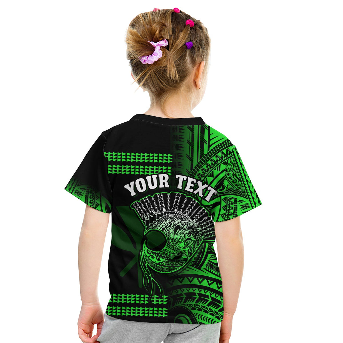 (Custom Personalised) Hawaii T Shirt KID Kakau Warrior Helmet Gradient Green Polynesian LT14 - Polynesian Pride