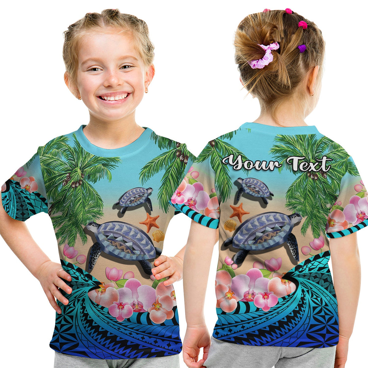 Custom Polynesian Turtle Coconut Tree and Orchids T Shirt LT14 Kid Blue - Polynesian Pride