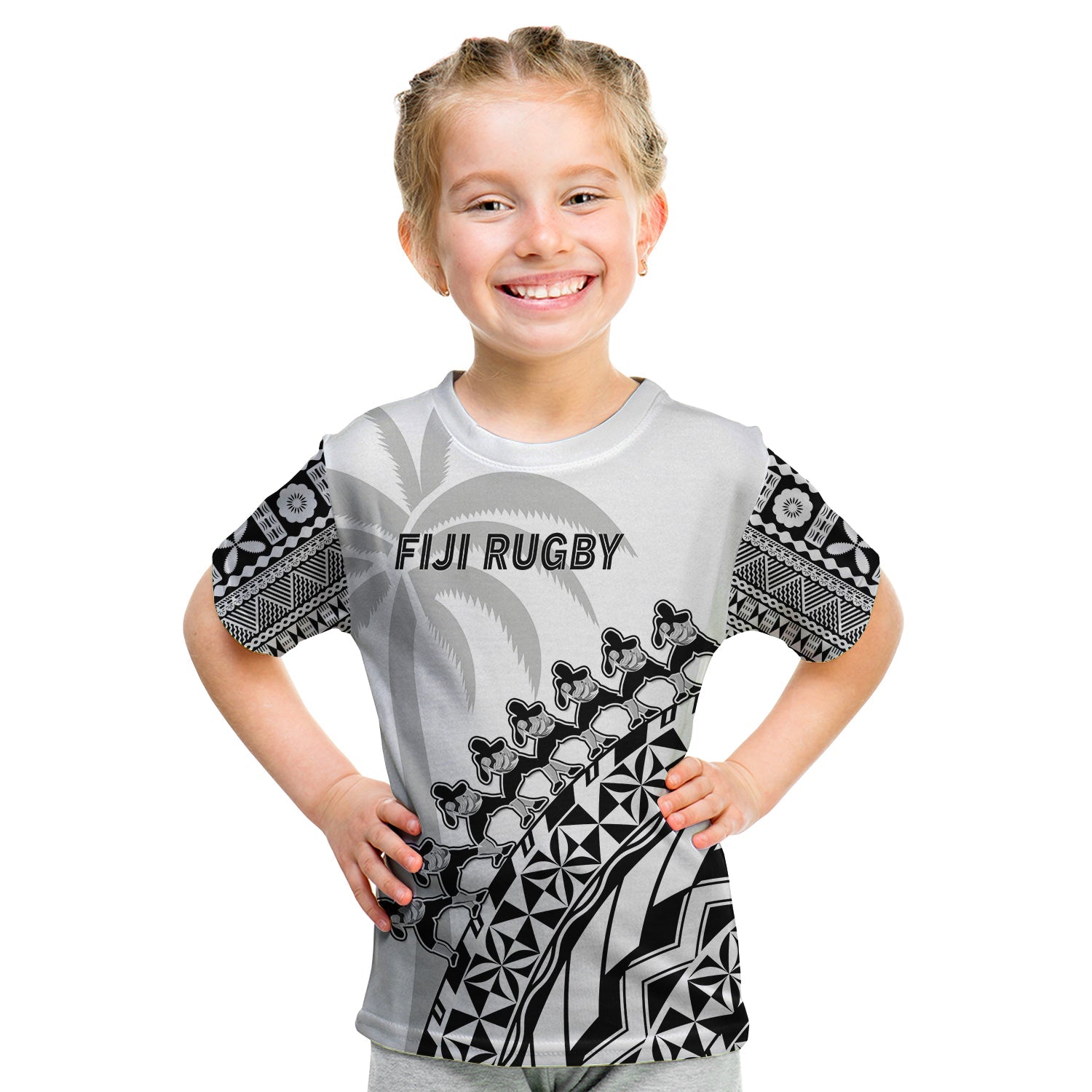 Fiji Rugby T Shirt KID Fijian Cibi Dance Tapa Pattern White LT14 - Polynesian Pride