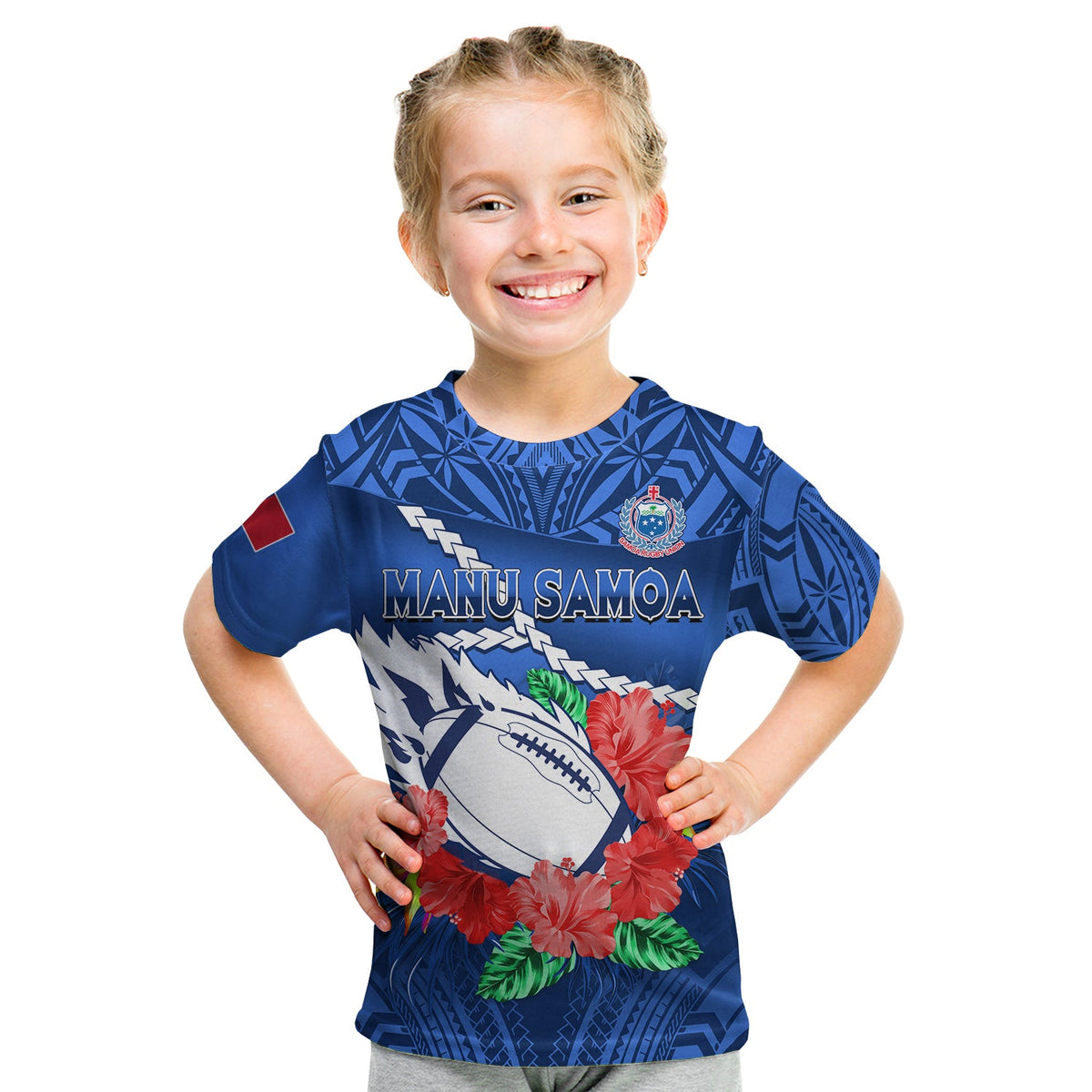Samoa Rugby T Shirt Manu Samoa Polynesian Hibiscus Blue Style LT14 Kid Blue - Polynesian Pride