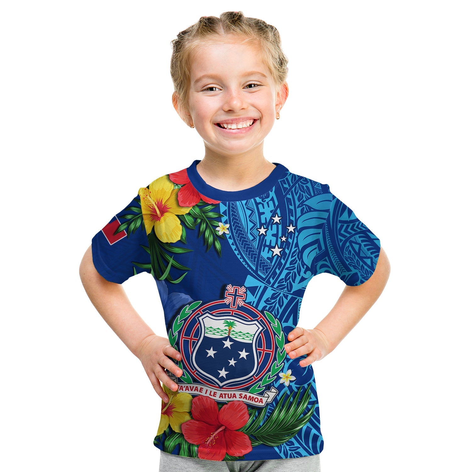Samoa T Shirt KID Coat Of Arms Mix Tropical Flowers LT14 Youth XL Size14 - Polynesian Pride