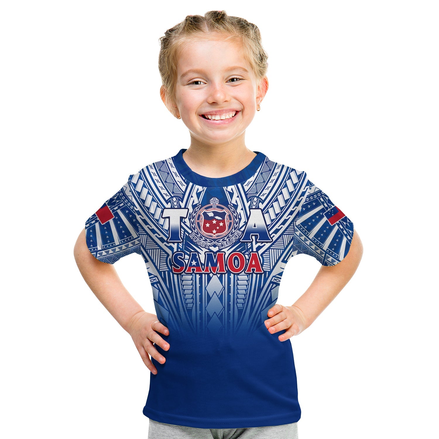 (Custom Text And Number) Samoa Rugby T Shirt KID Personalise Toa Samoa Polynesian Pacific Navy Version LT14 - Polynesian Pride