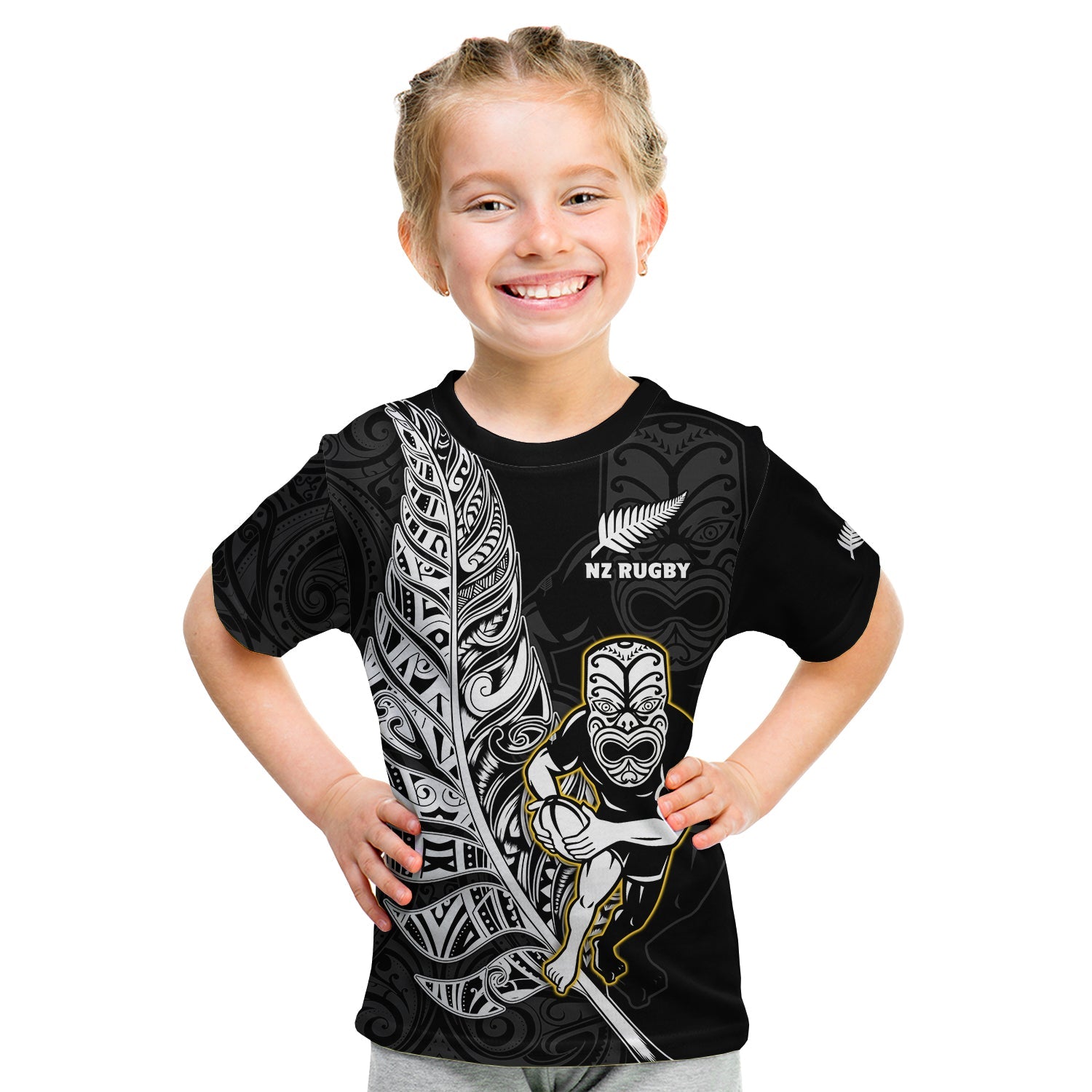 New Zealand Haka Rugby Maori T Shirt Kid Silver Fern Vibes - Black LT8