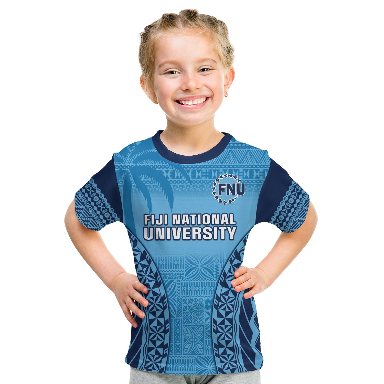 Fiji University T Shirt KID National Fijian Tapa Pattern Blue LT14 Youth XL Size14 - Polynesian Pride