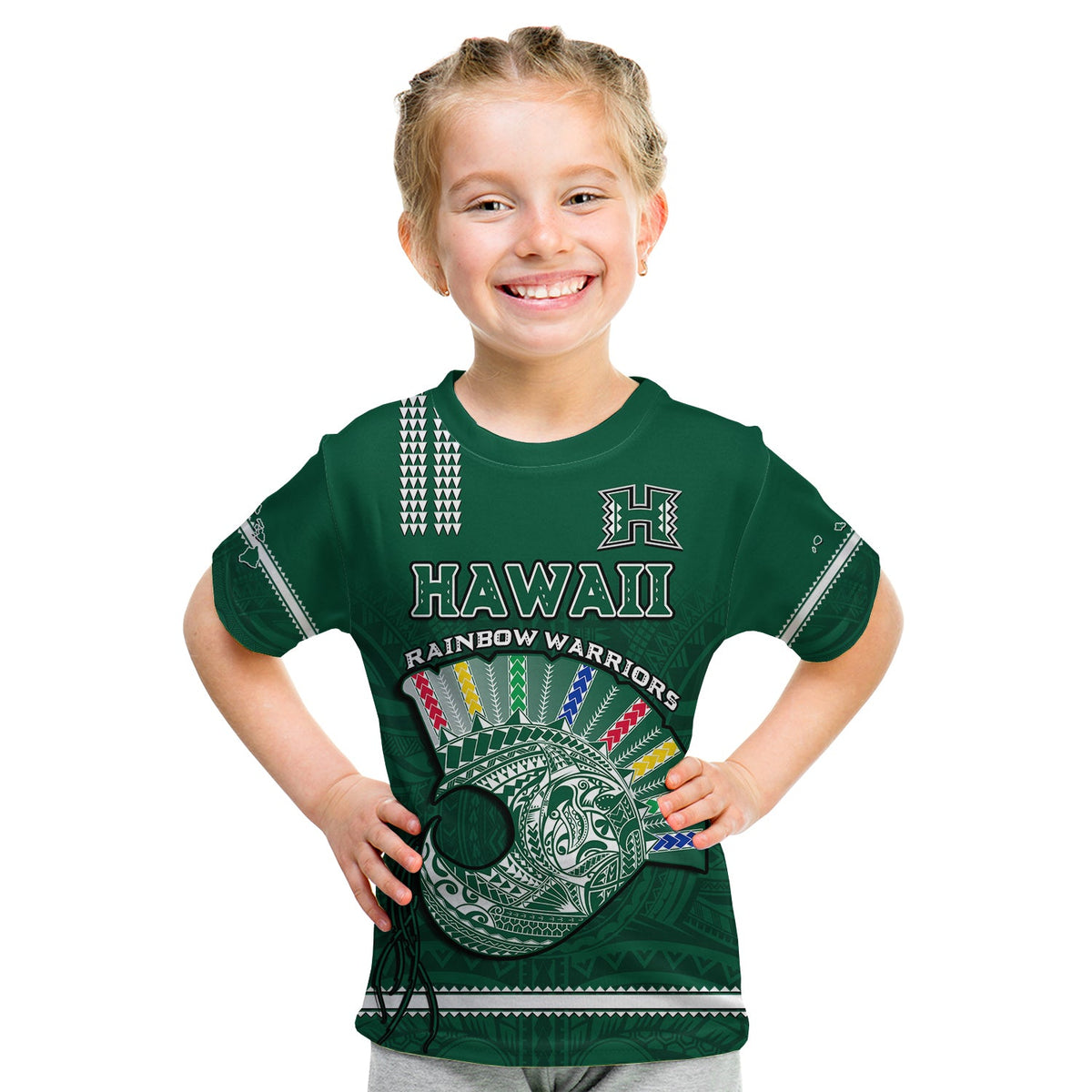 Hawaii Football T Shirt KID Kakau Rainbow Warriors Helmet Go Bows LT14 - Polynesian Pride