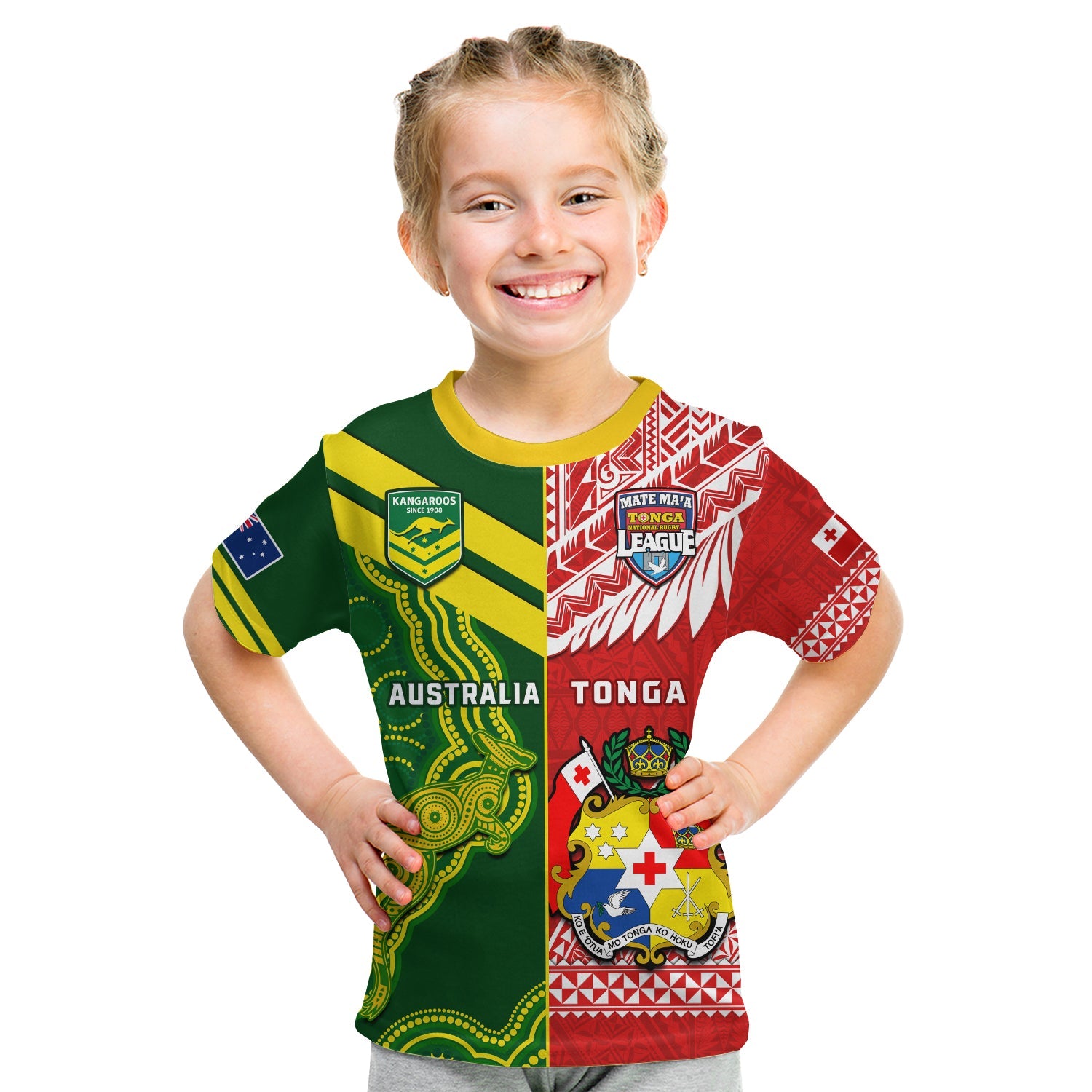 (Custom Personalised) Tonga And Australia Rugby T Shirt KID Mate Maa Tonga Mix Kangaroos LT14 - Polynesian Pride