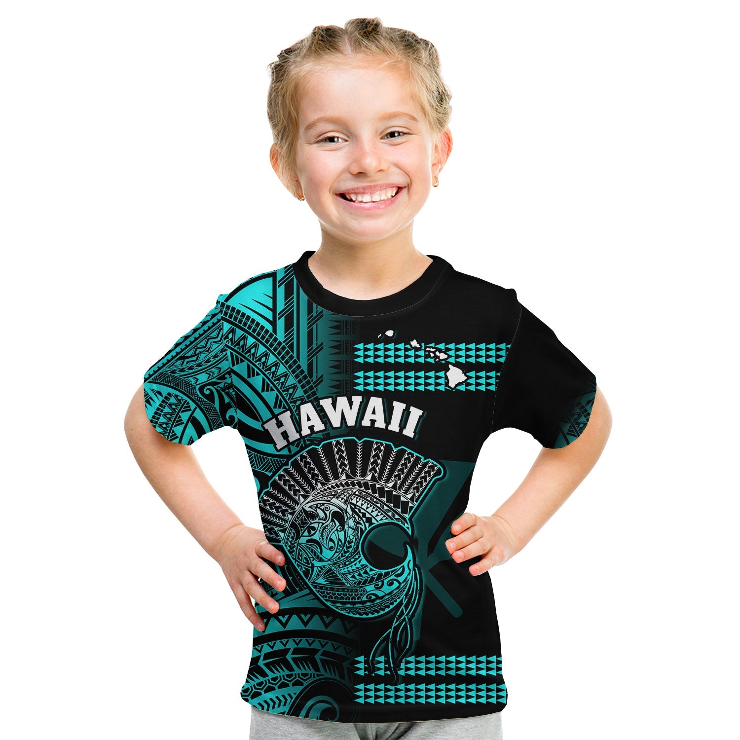 Hawaii T Shirt KID Kakau Warrior Helmet Gradient Turquoise Polynesian LT14 - Polynesian Pride