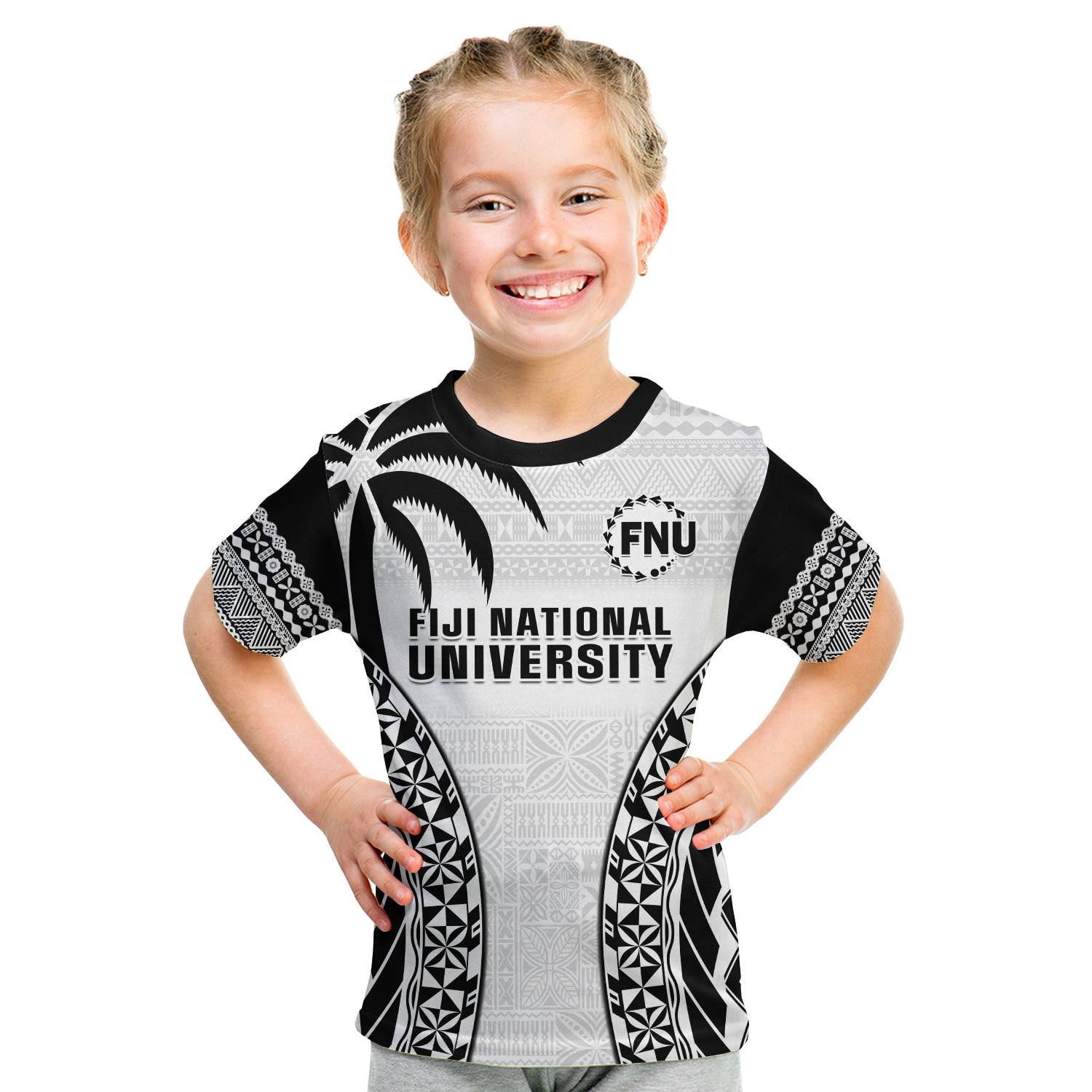 (Custom Personalised) Fiji University T Shirt KID National Fijian Tapa Pattern White LT14 Youth XL Size14 - Polynesian Pride