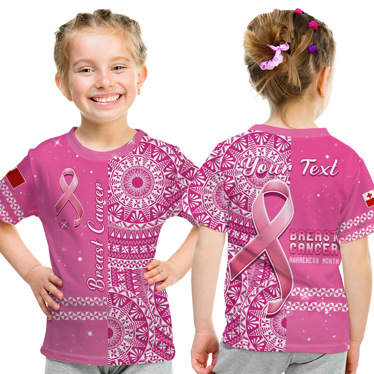Custom Tonga Breast Cancer T Shirt Tongan Ngatu Pattern No One Fights Alone LT14 Kid Pink - Polynesian Pride