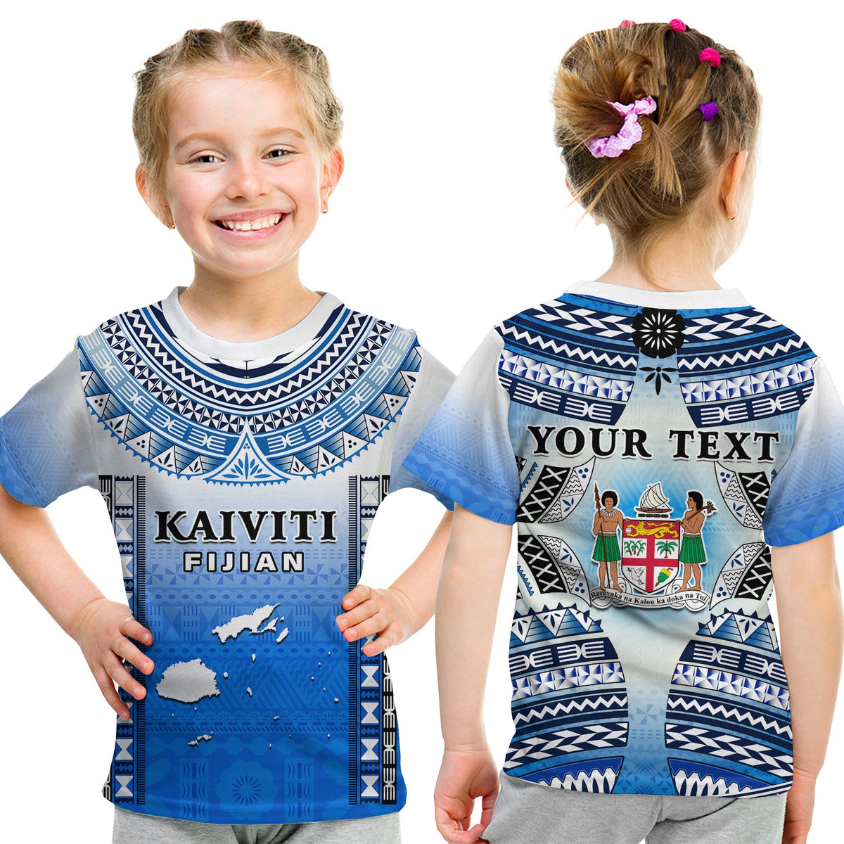 Personalised Fiji T Shirt Kaiviti Fijian Special Tapa Pattern LT14 Kid Blue - Polynesian Pride
