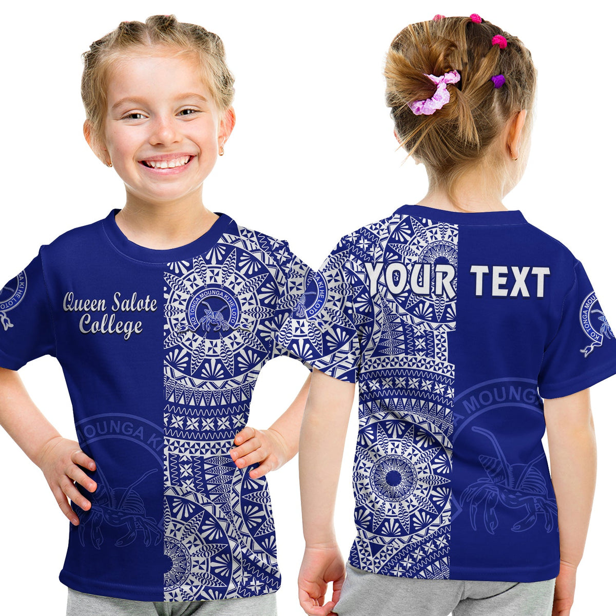 Custom Queen Salote Tonga College T Shirt Tongan Ngatu Pattern LT14 Kid Blue - Polynesian Pride