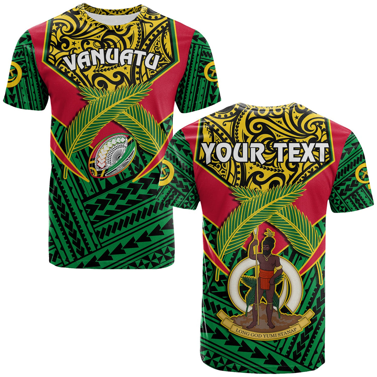 Custom Vanuatu Rugby T Shirt Coat of Arms Polynesian Pattern LT14 Green - Polynesian Pride