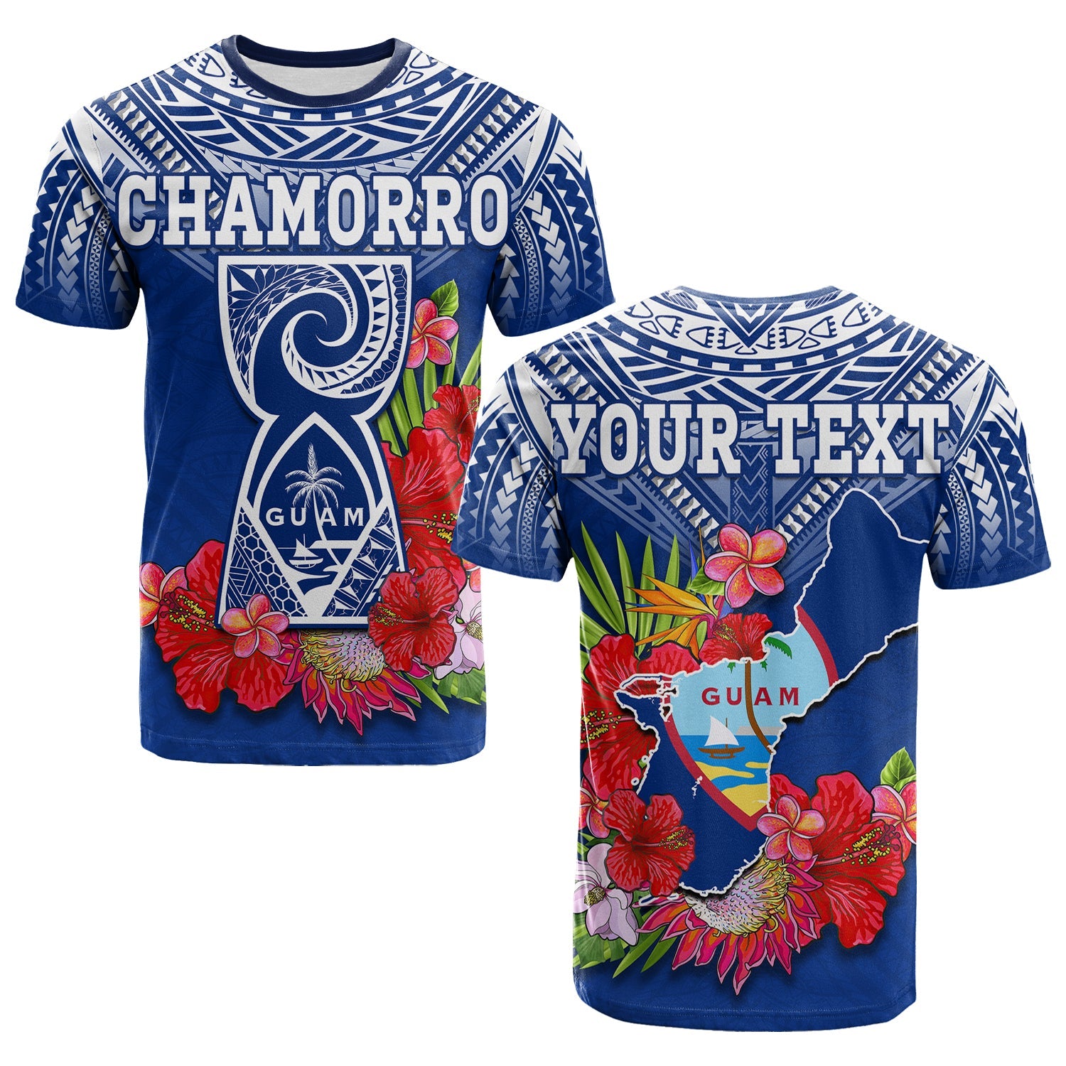 Custom Guam Chamorro T Shirt Guaman Latte Stone Tropical Flowers Blue Version LT14 Adult Blue - Polynesian Pride